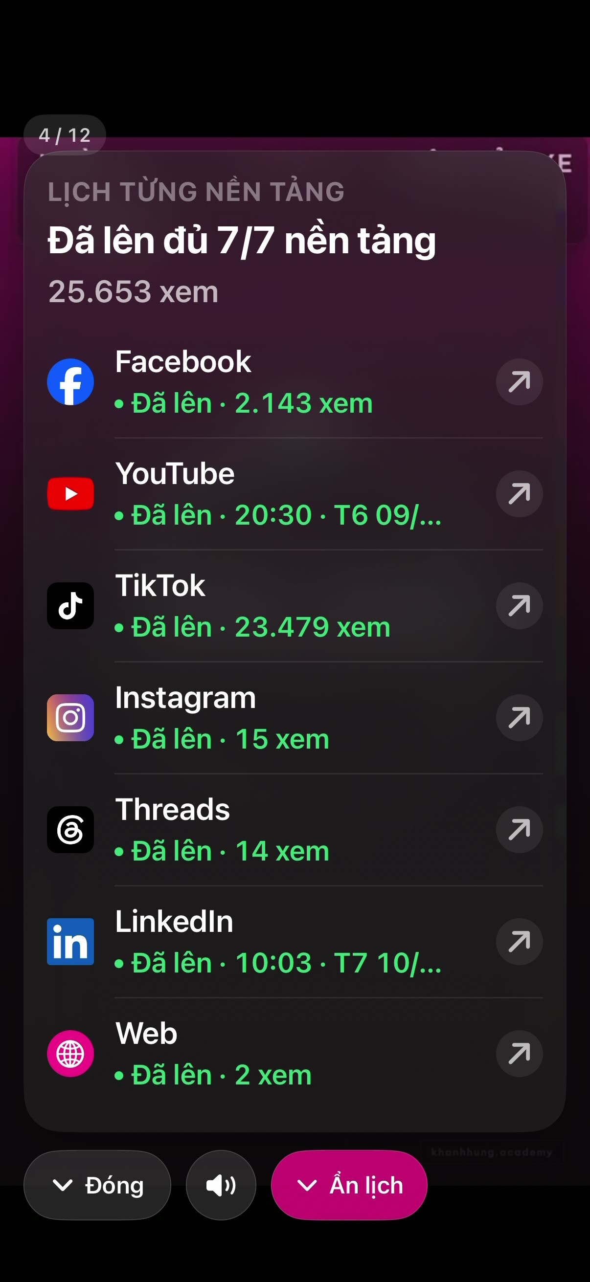Màn app: 1 video đã lên đủ các nền tảng, kèm số xem từng kênh